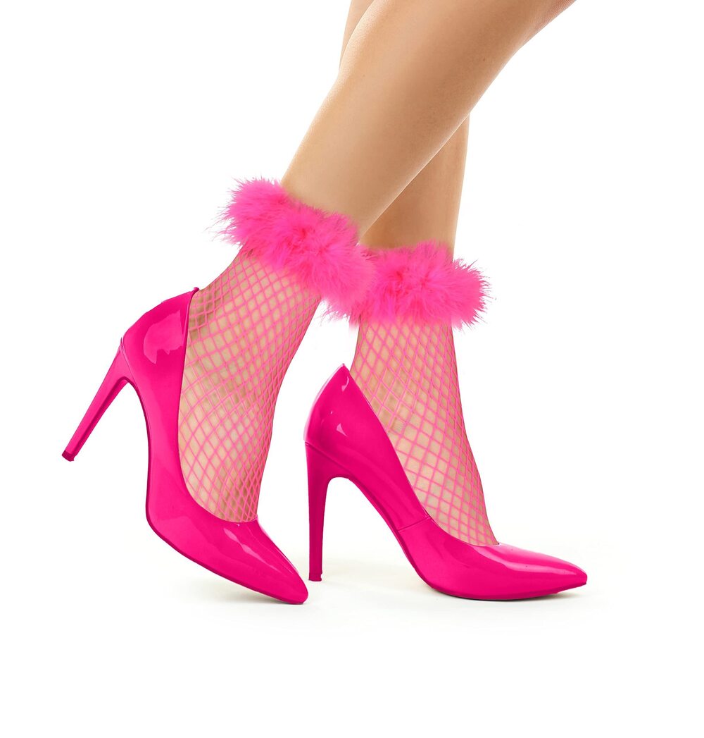 8864 Ruffle Fishnet Socks Feather Cuffs Decorated Mesh Lace Socks Fancy